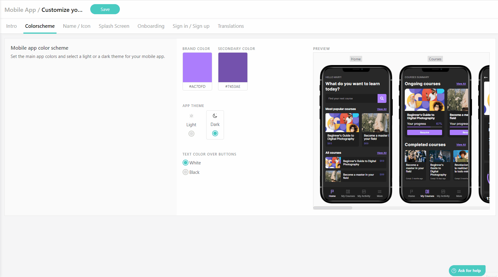 A GIF showing LearnWorlds dashboard and mobile app customization.