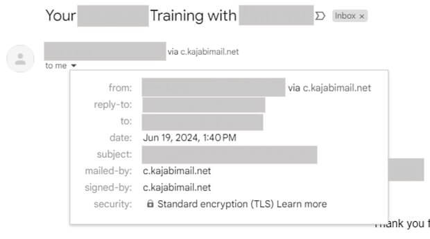 A screenshot showing Kajabi's email address appearing on a user's email.