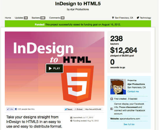 InDesign to HTML5 Kickstarter campaign raised over $12,000