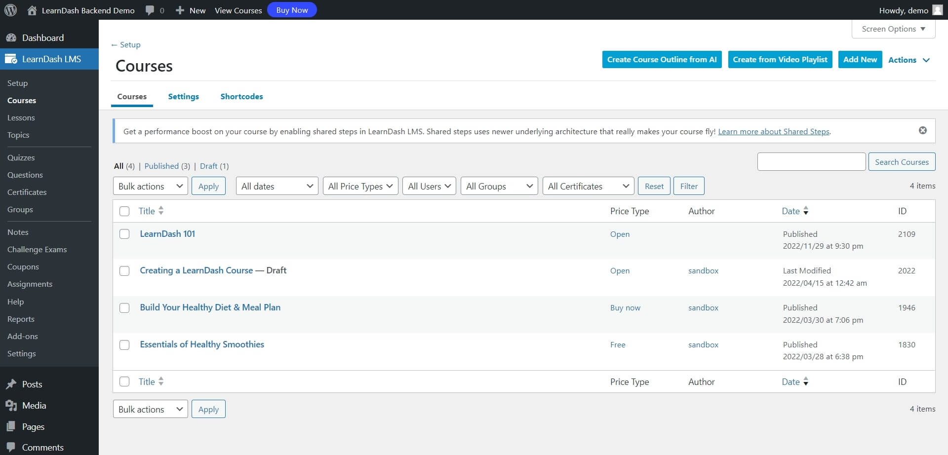 A screenshot showing LearnDash's interface and user dashboard.