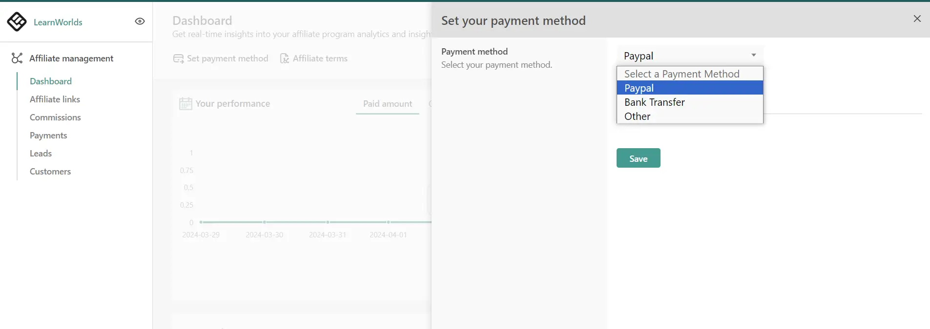A screenshot of the affiliate dashboard showing the payment method options inside the LearnWorlds platform.
