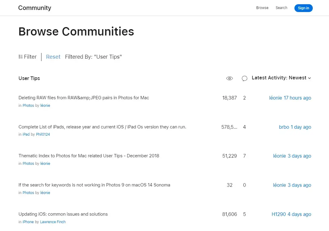 A screenshot of the Apple community showing the different categories of user tips.