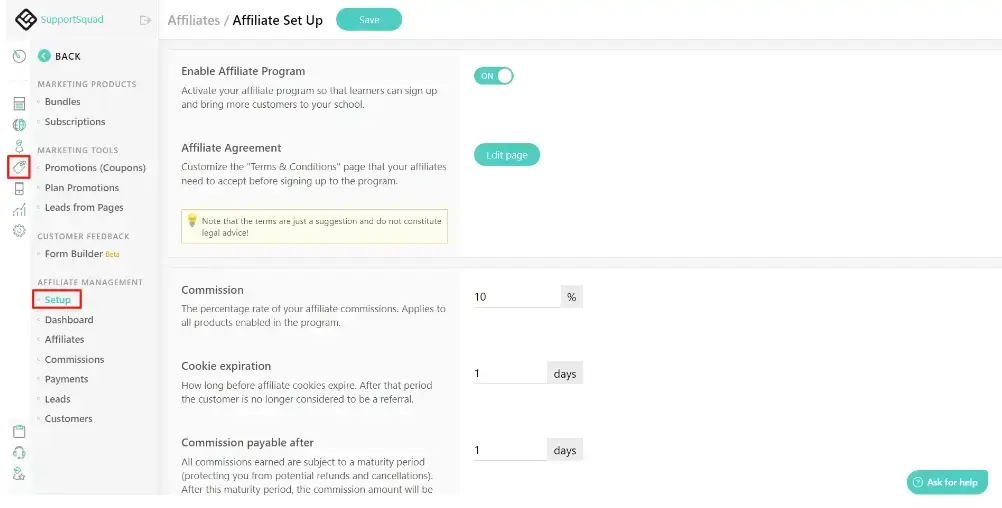 a screenshot of the LeearnWorlds platform showing the affiliate marketing option