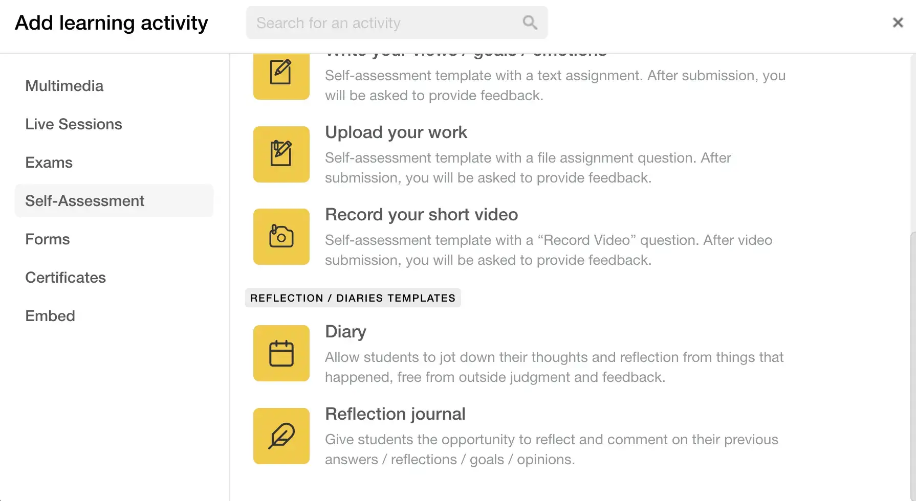 a screenshot of LearnWorlds course builder showing the assessments section