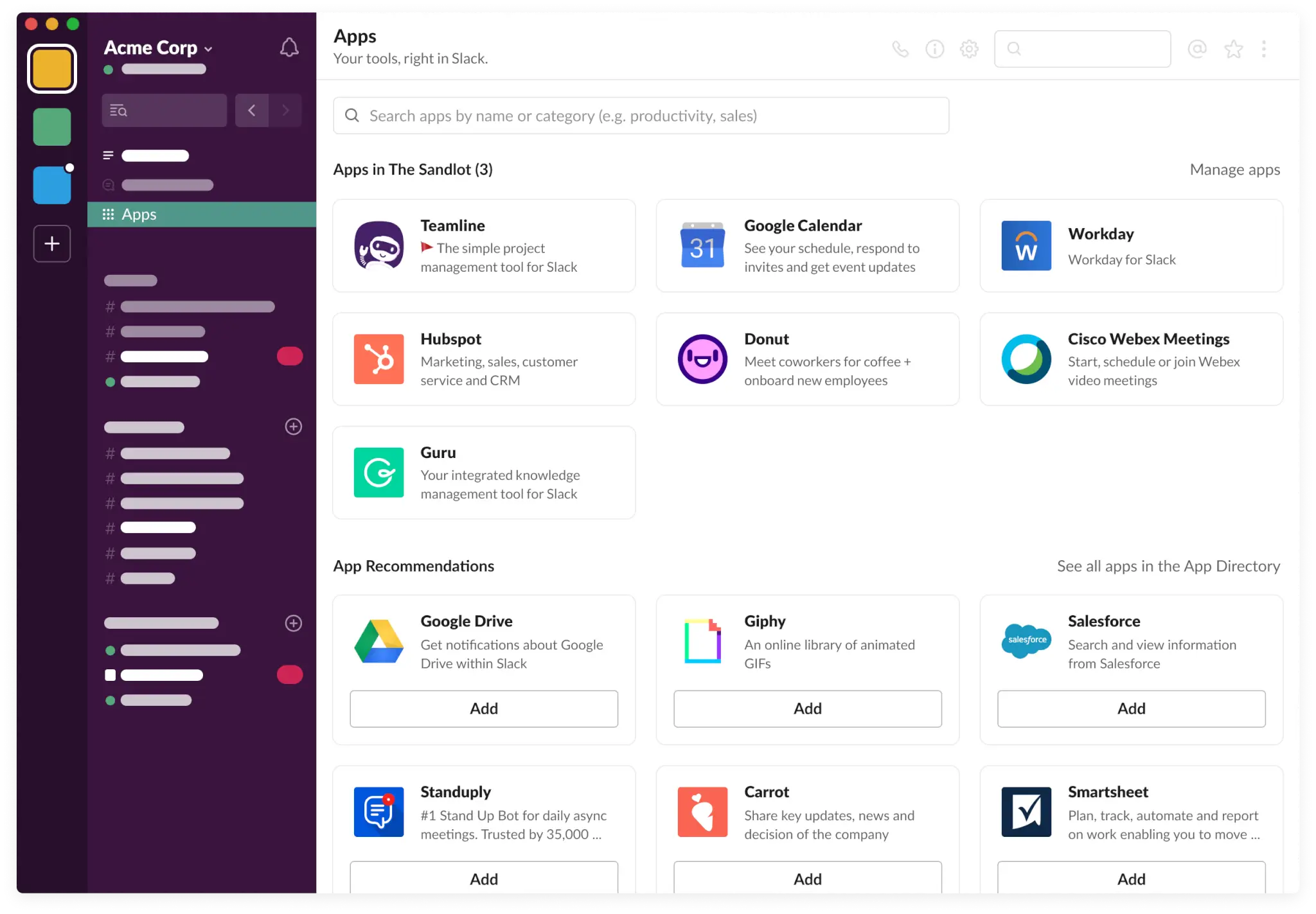 A screenshot of the Slack platform showing an example page of its app integrations.
