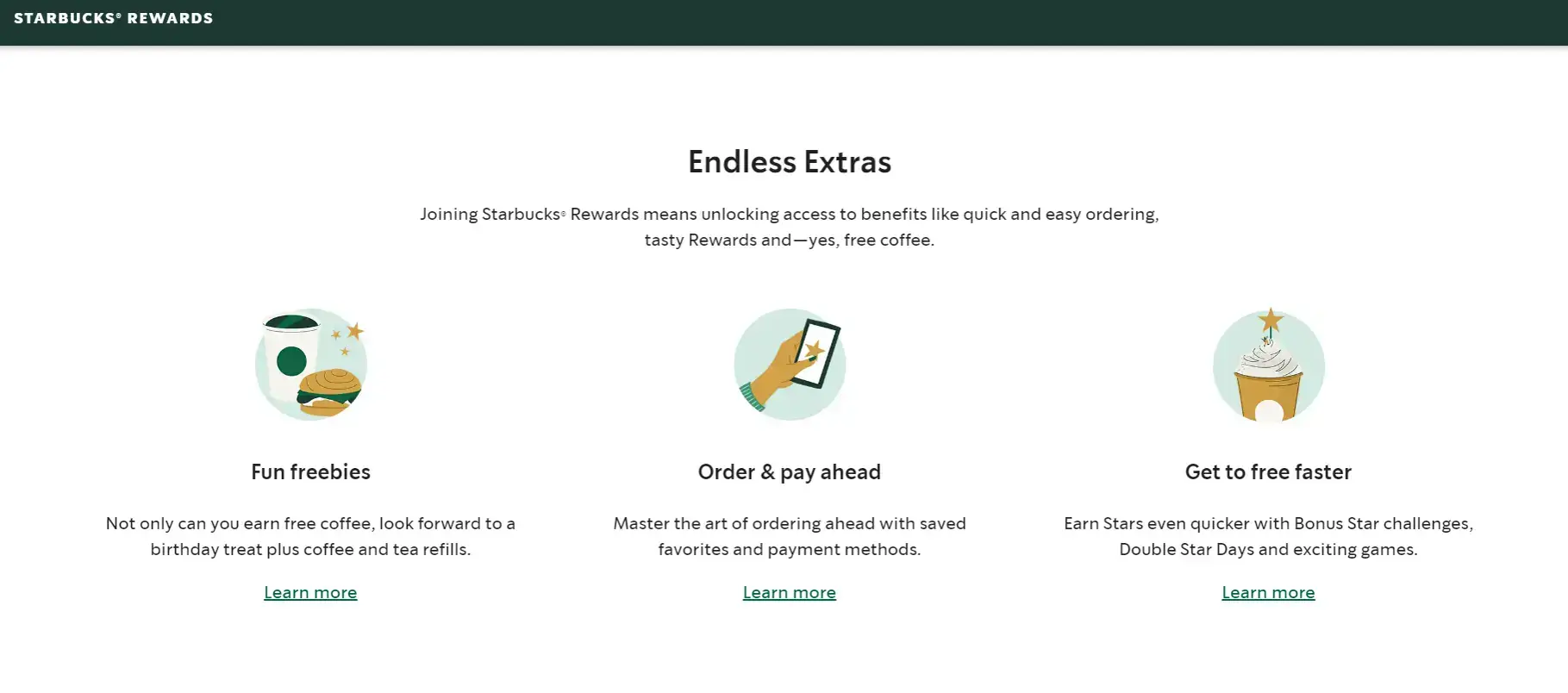 A screenshot showing the rewards that the Starbucks community offers to members.
